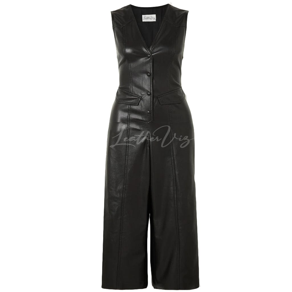 V NECKLINE WITH WIDE LEG WOMEN LEATHER JUMPSUIT
