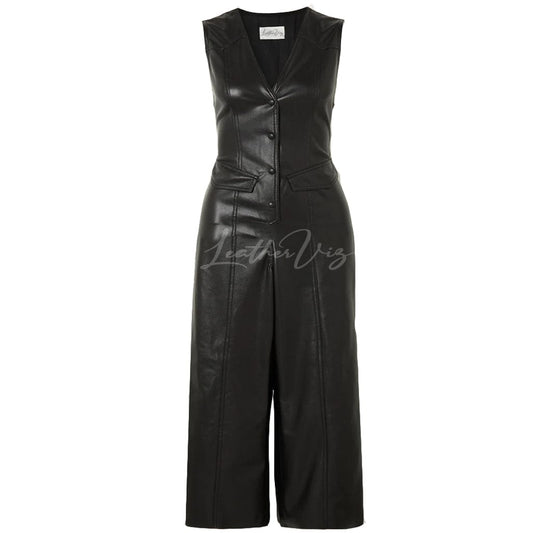 V NECKLINE WITH WIDE LEG WOMEN LEATHER JUMPSUIT