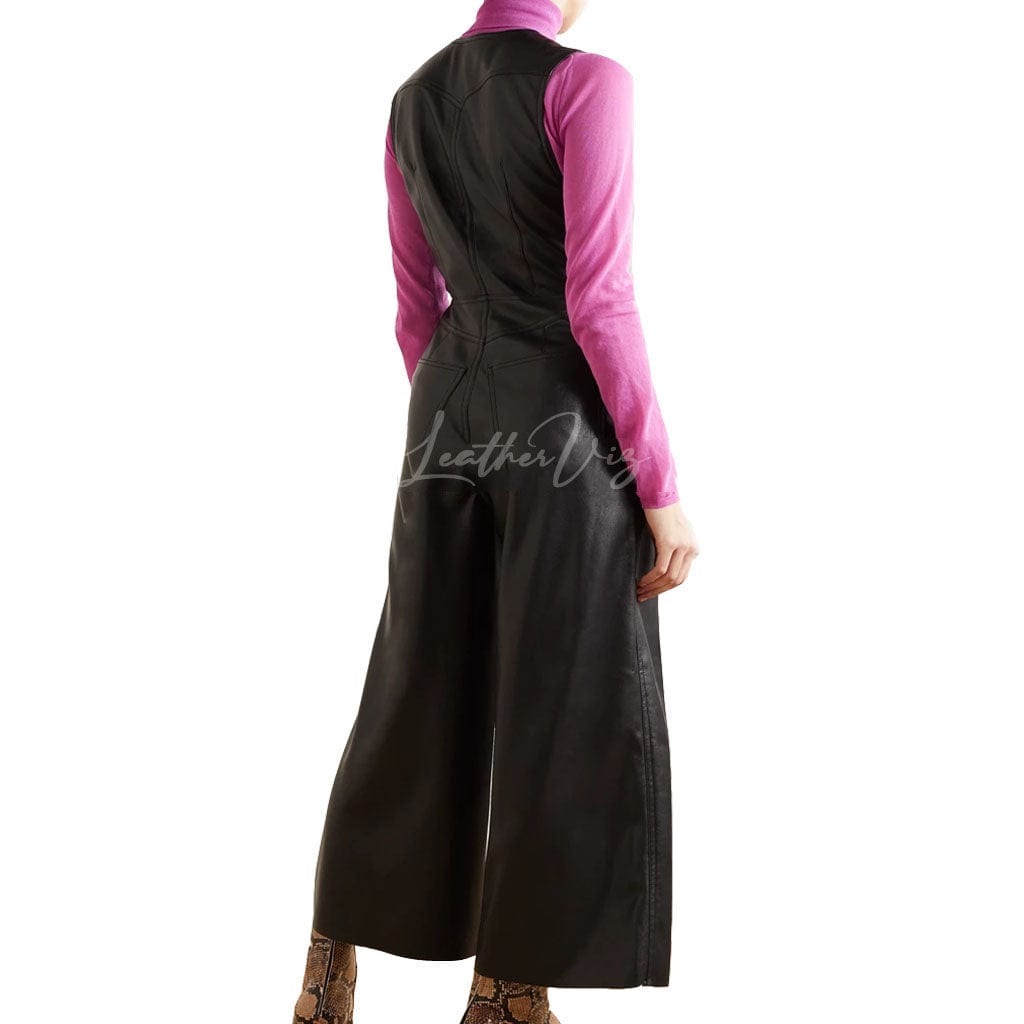 V NECKLINE WITH WIDE LEG WOMEN LEATHER JUMPSUIT
