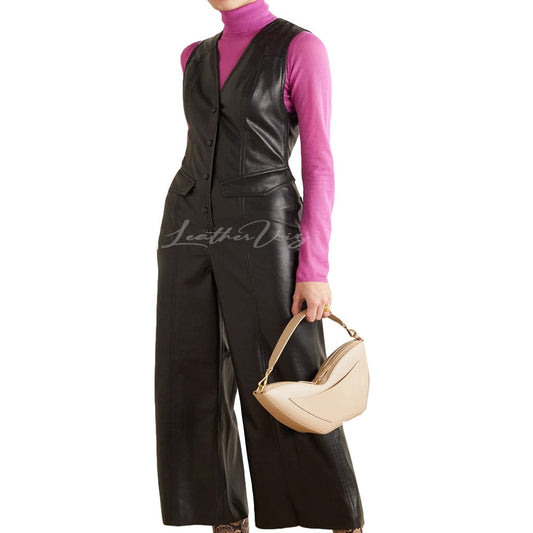 V NECKLINE WITH WIDE LEG WOMEN LEATHER JUMPSUIT