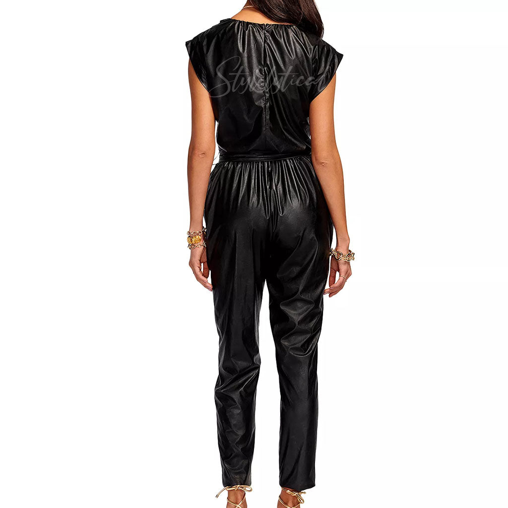 back zipper women leather jumpsuits