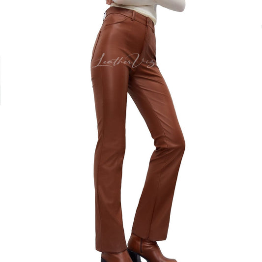 WOMEN CORPORATE STYLE LEATHER TROUSERS WITH ZIPPER HEM