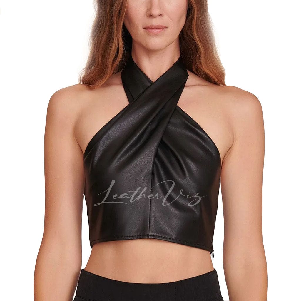 WOMEN HALTER NECKLINE LEATHER TOP FOR HALLOWEEN