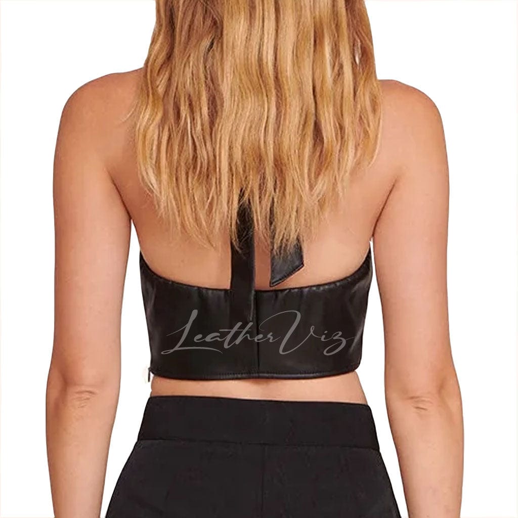 WOMEN HALTER NECKLINE LEATHER TOP FOR HALLOWEEN