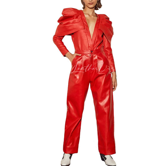 Women Red Leather Jumpsuit