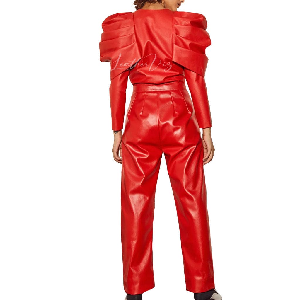 Women Red Leather Jumpsuit