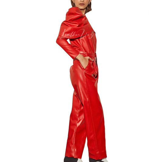 Women Red Leather Jumpsuit