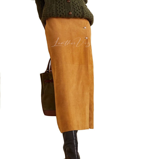 WRAP STYLE SUEDE LEATHER MIDI SKIRT