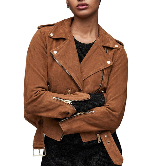 Women Suede Leather Moto Jacket
