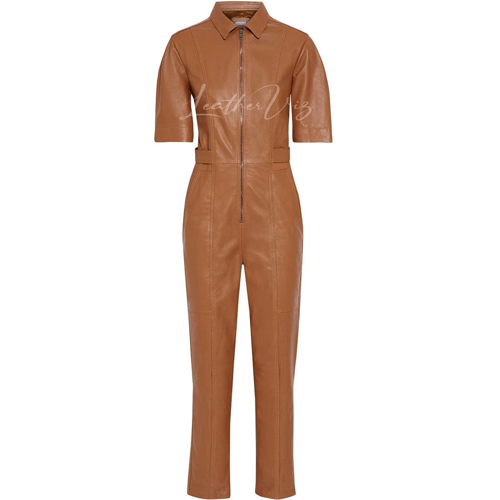 Zipper Closure Women Leather Jumpsuit
