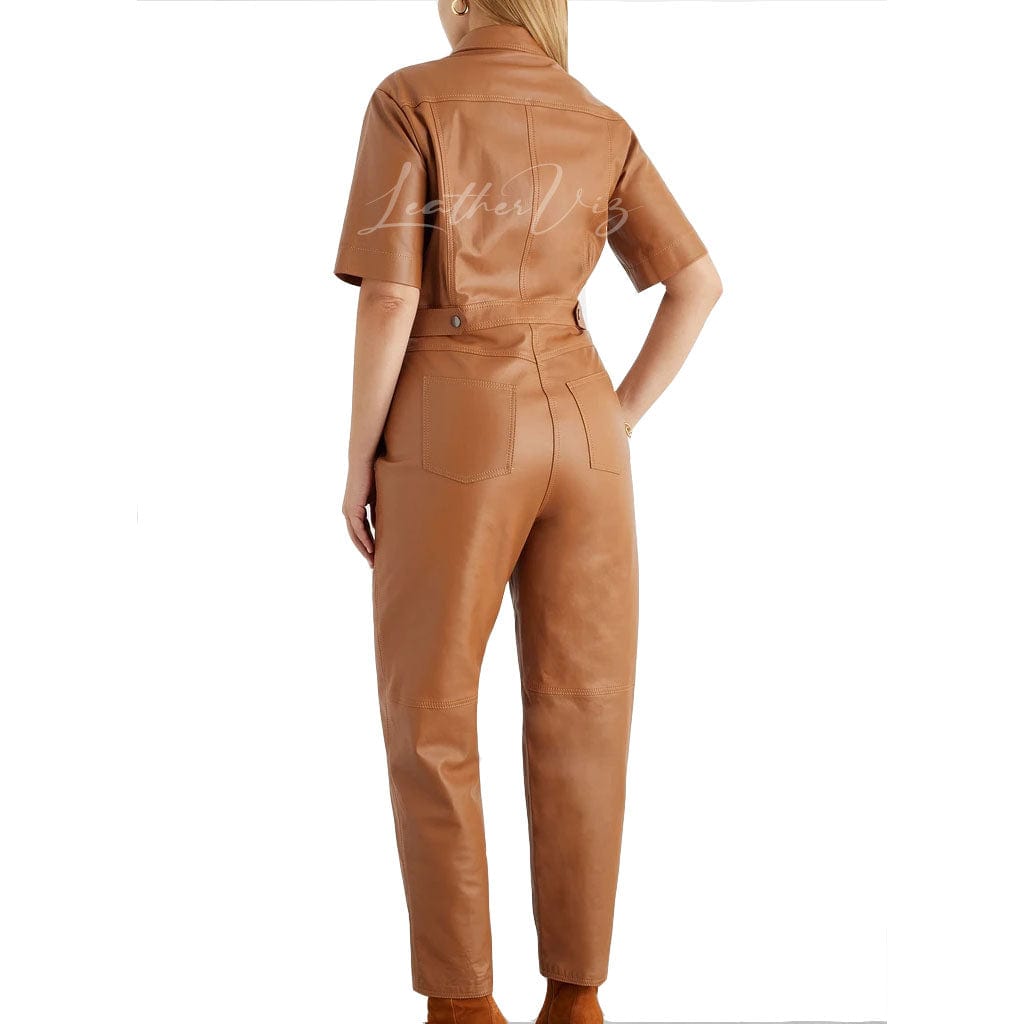 Zipper Closure Women Leather Jumpsuit