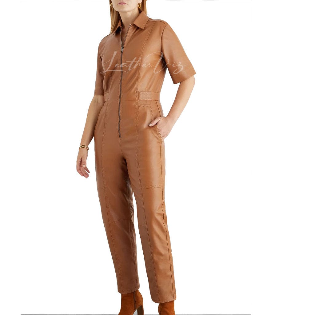 Zipper Closure Women Leather Jumpsuit
