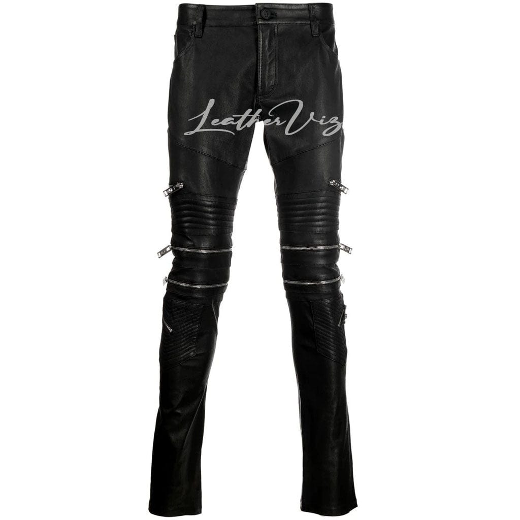 ZIPPER DETAILING MEN BIKER LEATHER PANTS