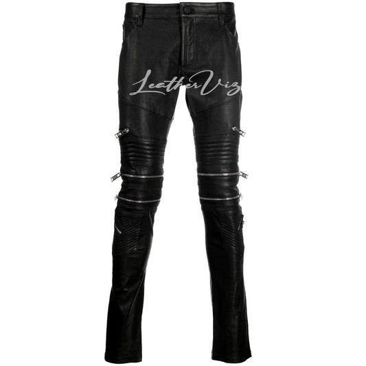 ZIPPER DETAILING MEN BIKER LEATHER PANTS