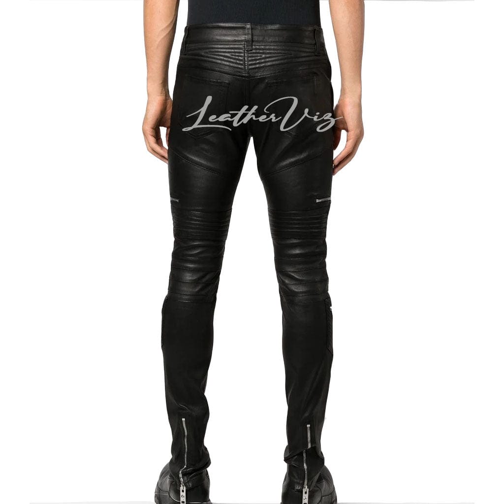 ZIPPER DETAILING MEN BIKER LEATHER PANTS