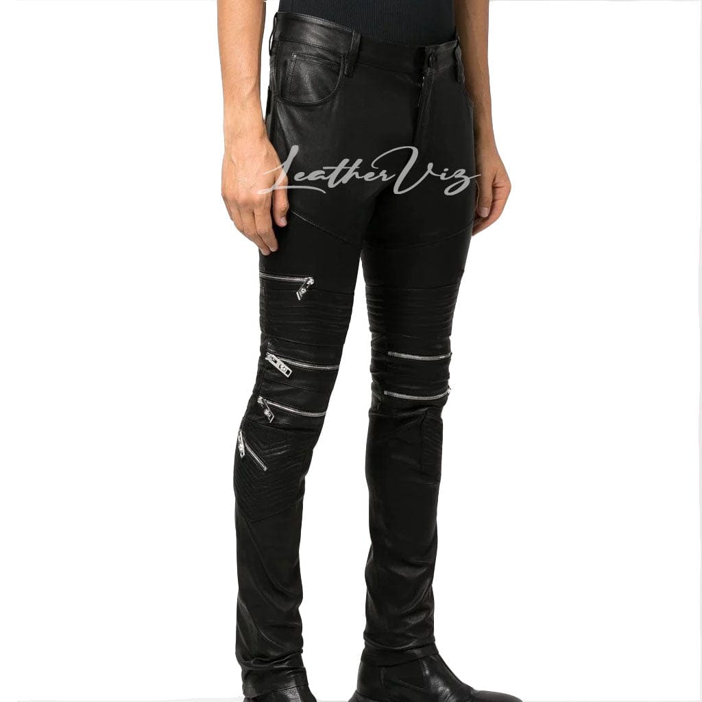 ZIPPER DETAILING MEN BIKER LEATHER PANTS