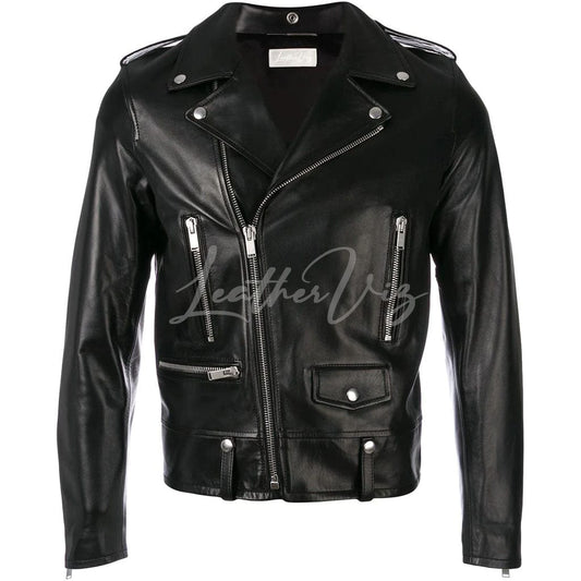 what to wear with men's black  Biker leather jacket