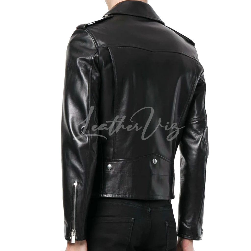 Back of mens black leather jacket biker wear