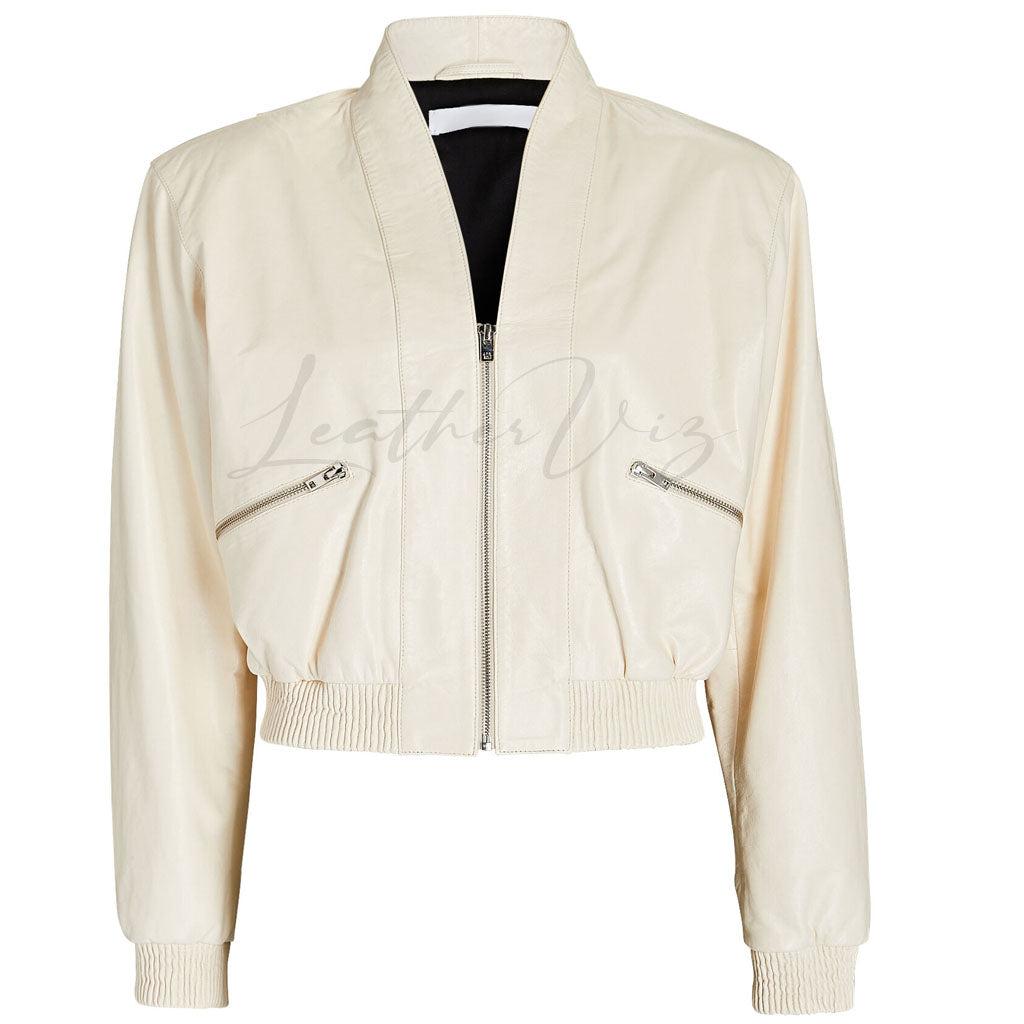 CROPPED WHITE LEATHER BOMBER JACKET - Image #3