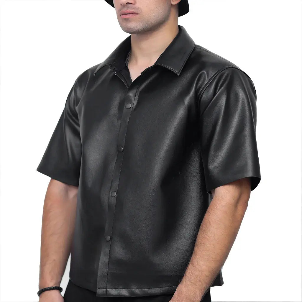 Men Short Sleeves Leather Shirt-Black Leather Shirt Men LeatherViz Men Short Sleeves Leather Shirt-Black Leather Shirt Men LeatherViz