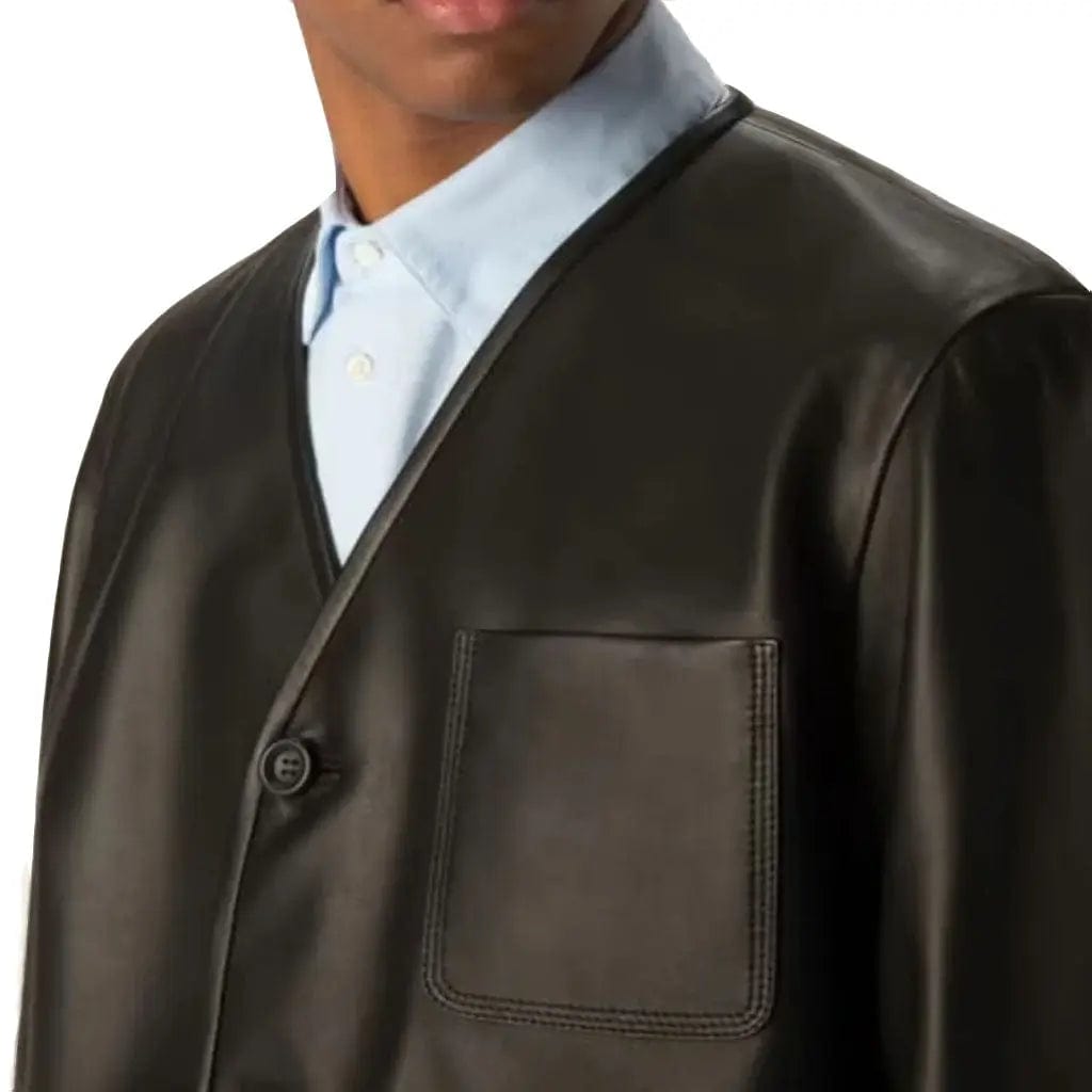 V-Neck Black Genuine Leather Shirt - Image #3