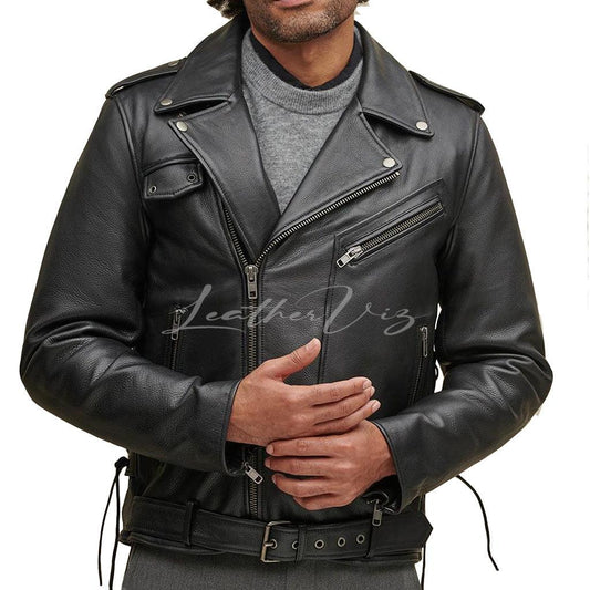ASYMMETRICAL ZIPPER CLOSURE MEN LEATHER RIDER JACKET