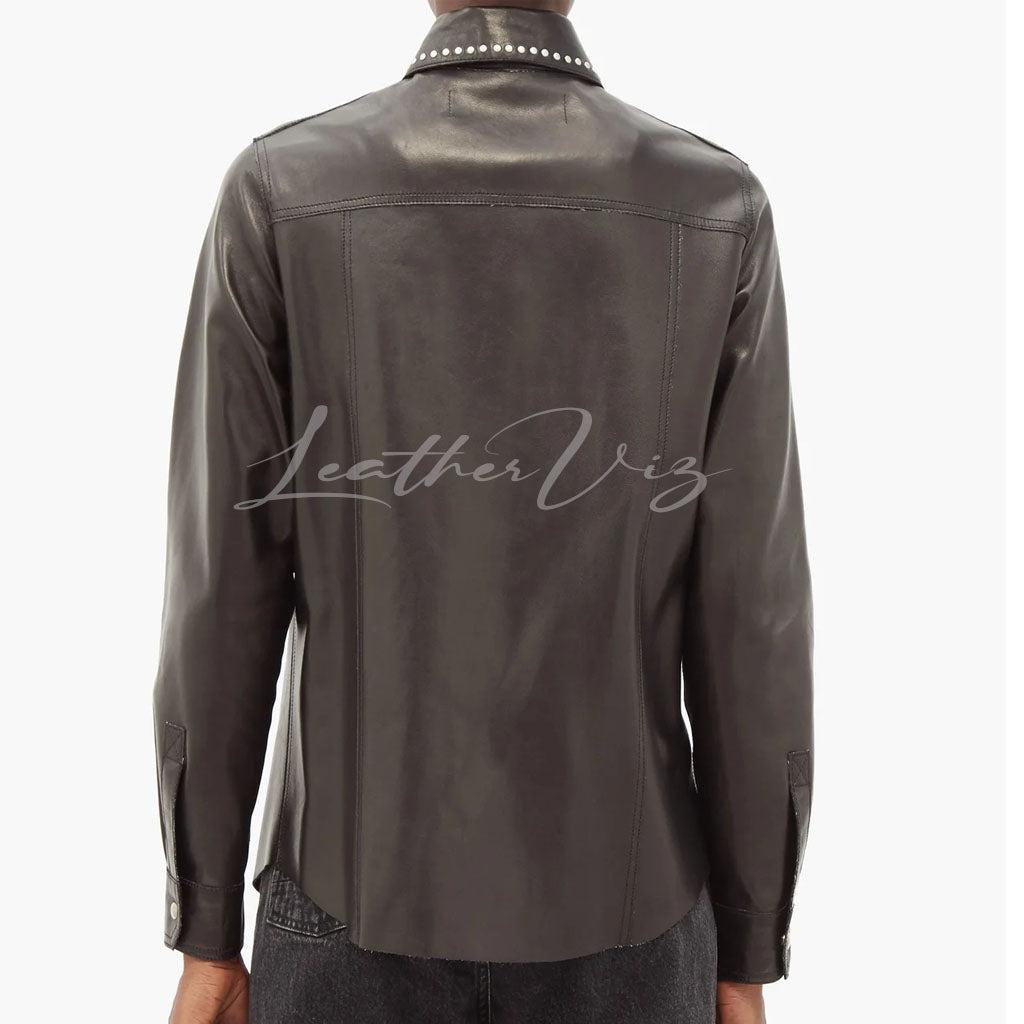 Black COLLAR WOMEN LEATHER SHIRT