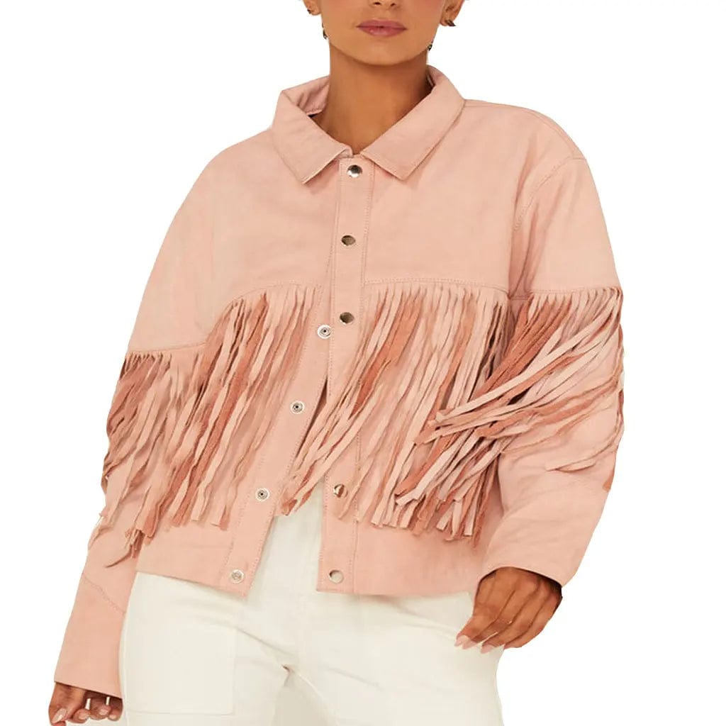 Ladies Fringed Pink Suede Leather Motorcycle Jacket - Image #1