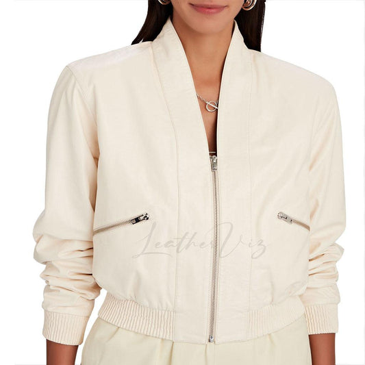 CROPPED WHITE LEATHER BOMBER JACKET - Image #2