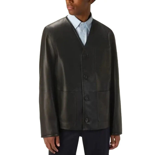 V-Neck Black Genuine Leather Shirt - Image #1