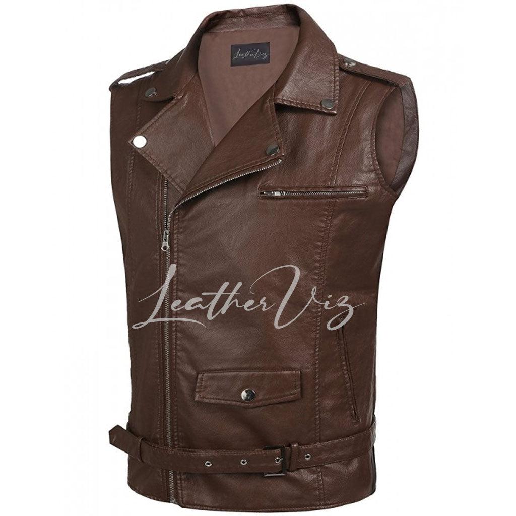 BROWN MEN MOTO LEATHER VEST - Image #2