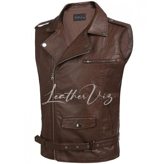 BROWN MEN MOTO LEATHER VEST - Image #2