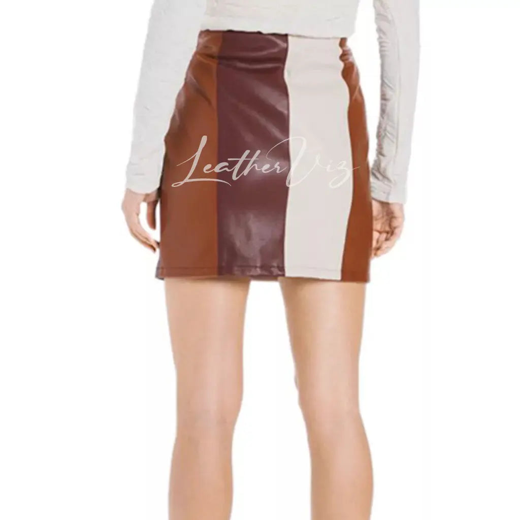 COLOR BLOCK STRIPED WOMEN MINI LEATHER SKIRT - Image #1