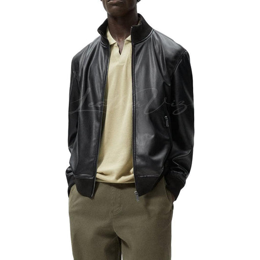 BLACK LEATHER BOMBER JACKET FOR MEN - Image #2