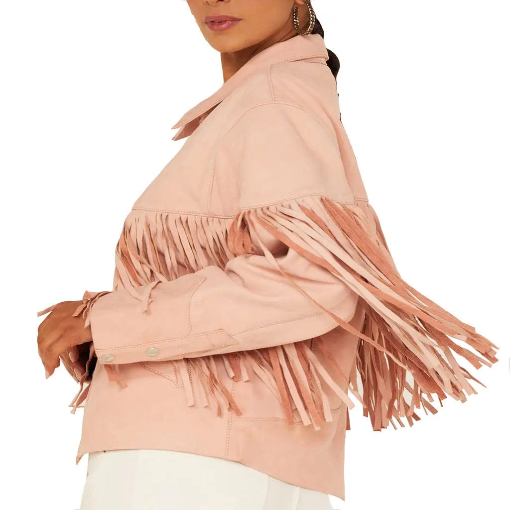 Ladies Fringed Pink Suede Leather Motorcycle Jacket - Image #2