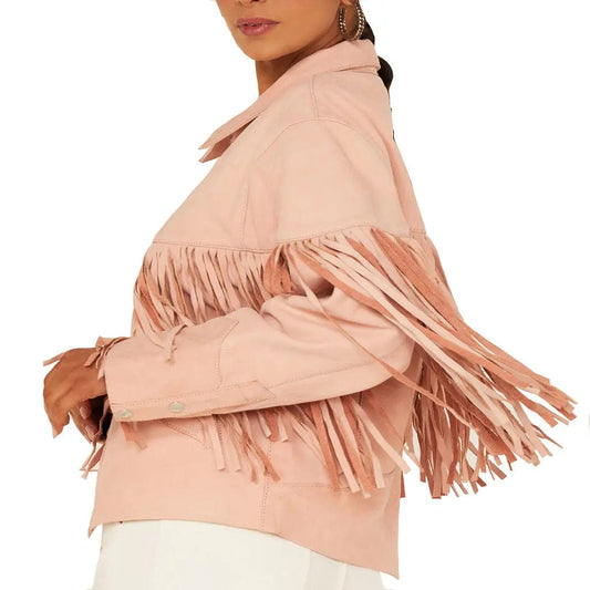 Ladies Fringed Pink Suede Leather Motorcycle Jacket - Image #2