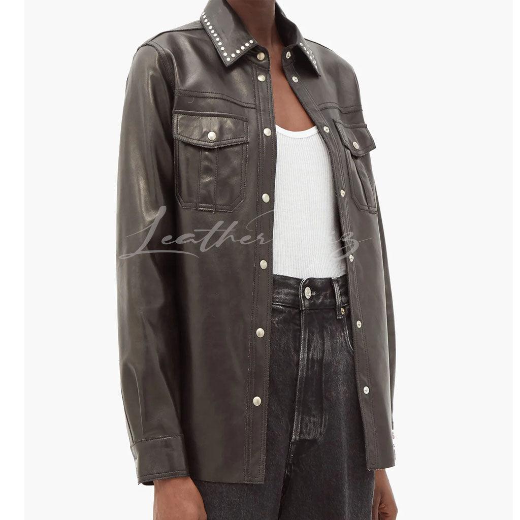 STUDDED COLLAR WOMEN LEATHER SHIRT -