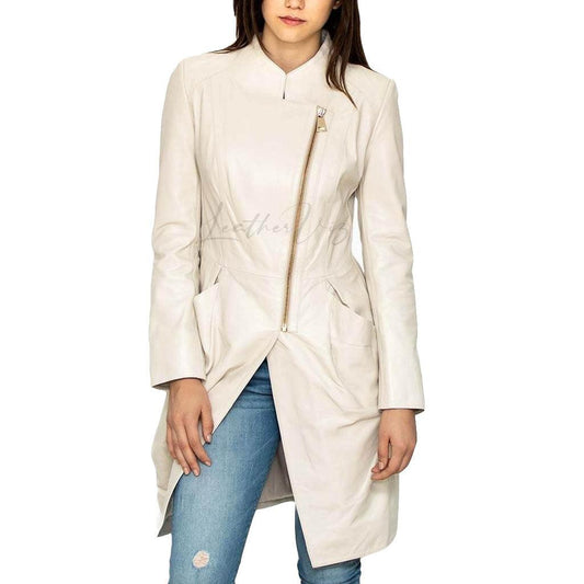 Minimalist white leather coat women