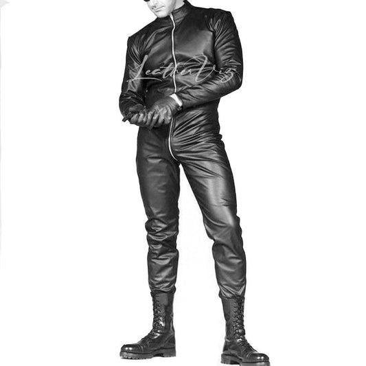 FRONT ZIPPER CLOSURE MEN LEATHER JUMPSUIT - Image #1
