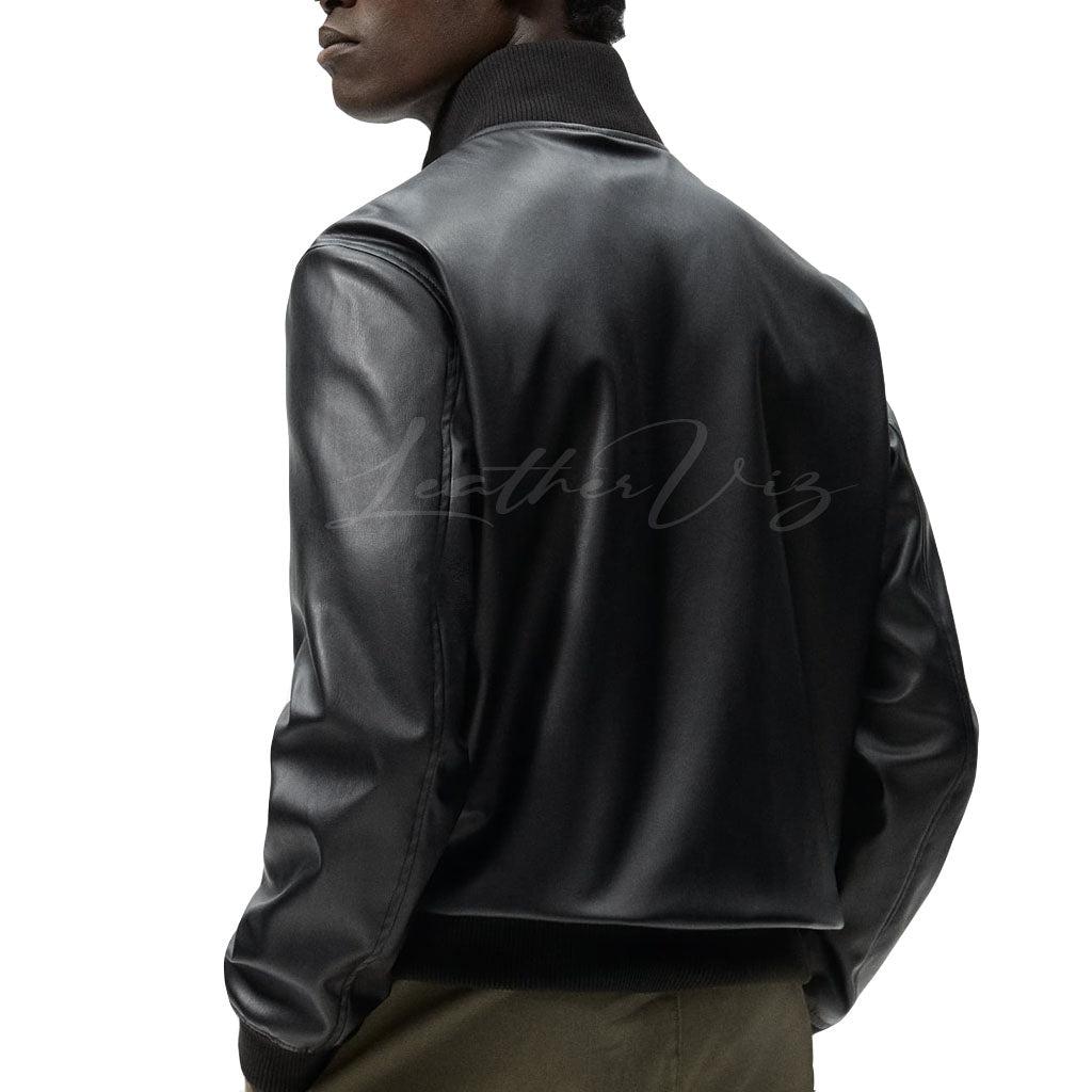 BLACK LEATHER BOMBER JACKET FOR MEN - Image #2