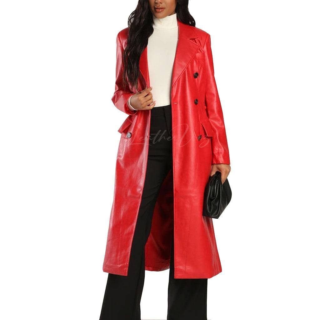 RED LEATHER DOUBLE-BREASTED WOMEN TRENCH COAT - Image #1
