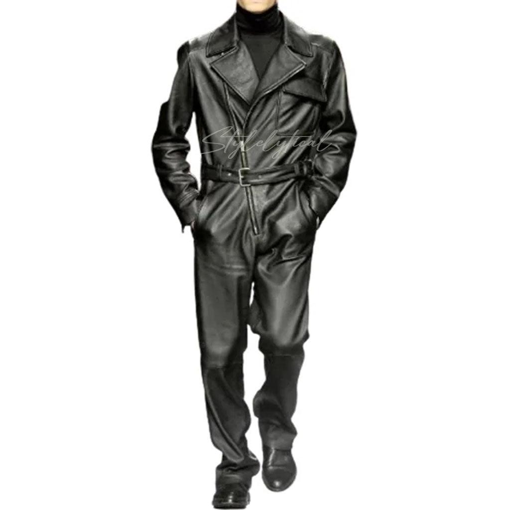 Ribbed Cuffs and Neck Men Front Zipper Fastening Leather Jumpsuit