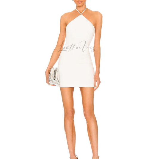 HALTER NECKTIE WOMEN WHITE BRIDAL LEATHER DRESS - Image #1