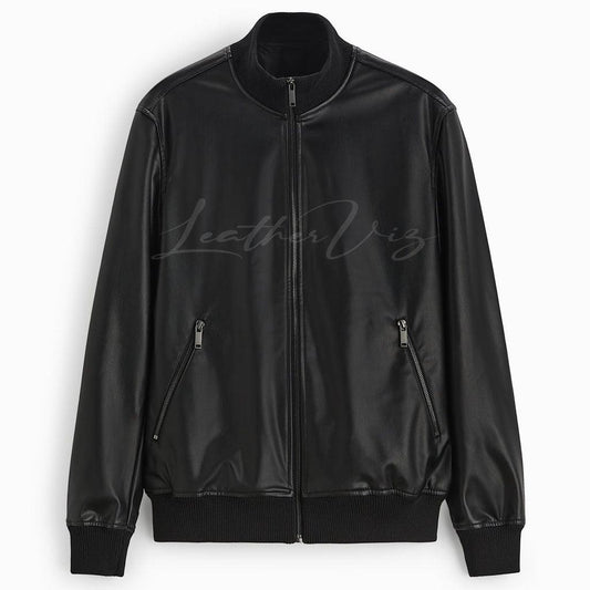 BLACK LEATHER BOMBER JACKET FOR MEN - Image #1