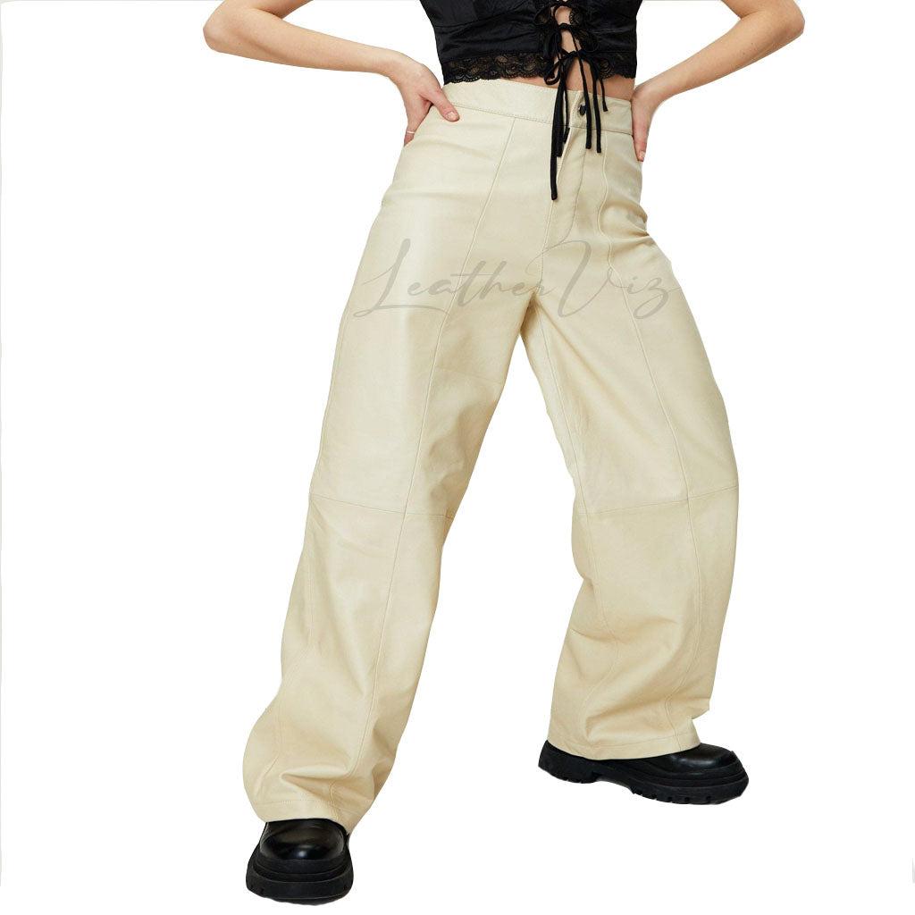Real Leather Wide Leg Seam Detail Pants