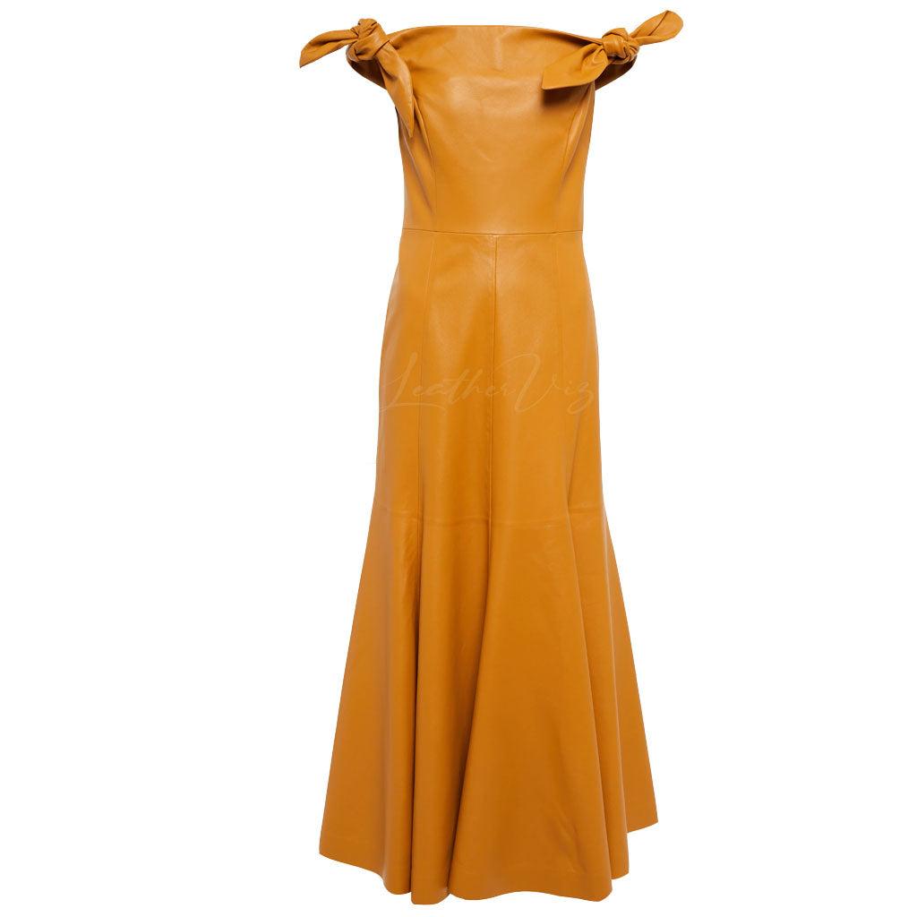 Off-Shoulder Women Leather Midi Dress - Image #3