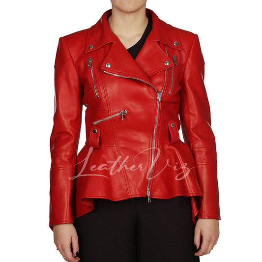Peplum Waist Red Leather Jacket For Women