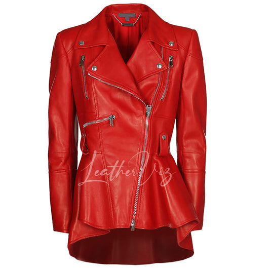 Peplum Waist Red Leather Jacket For Women