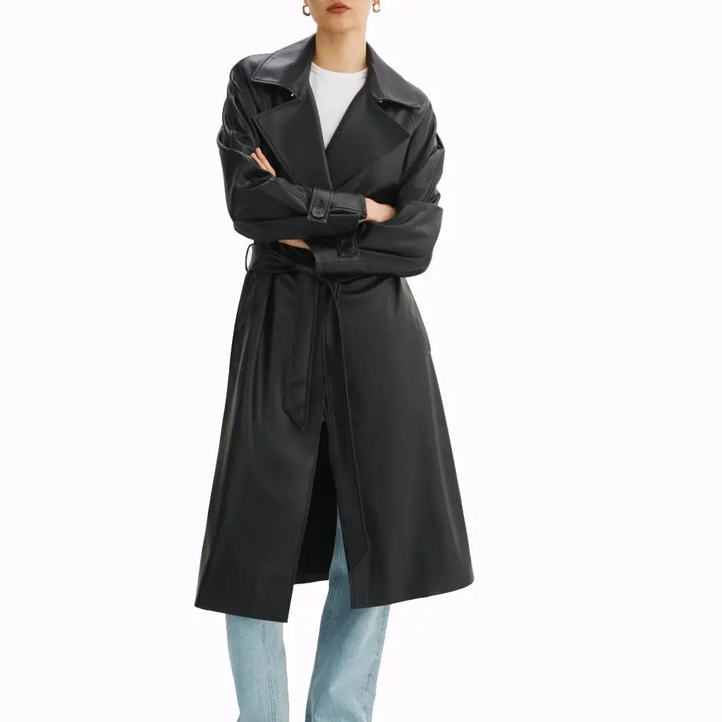 Women Black Leather Trench Long Oversized Coat - Image #1