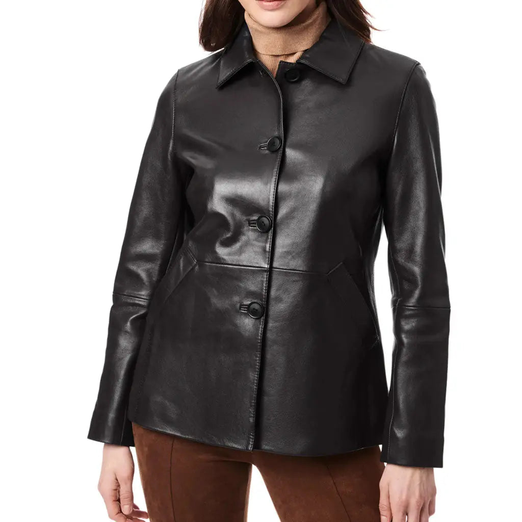 Button Front Genuine Leather Barn Jacket Coat For Womens